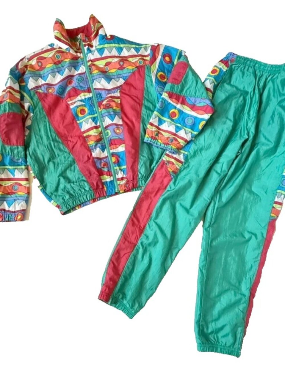 Head Womens M Vintage Track Suit Jacket Warmup Pants 70s 80s Green Geometric